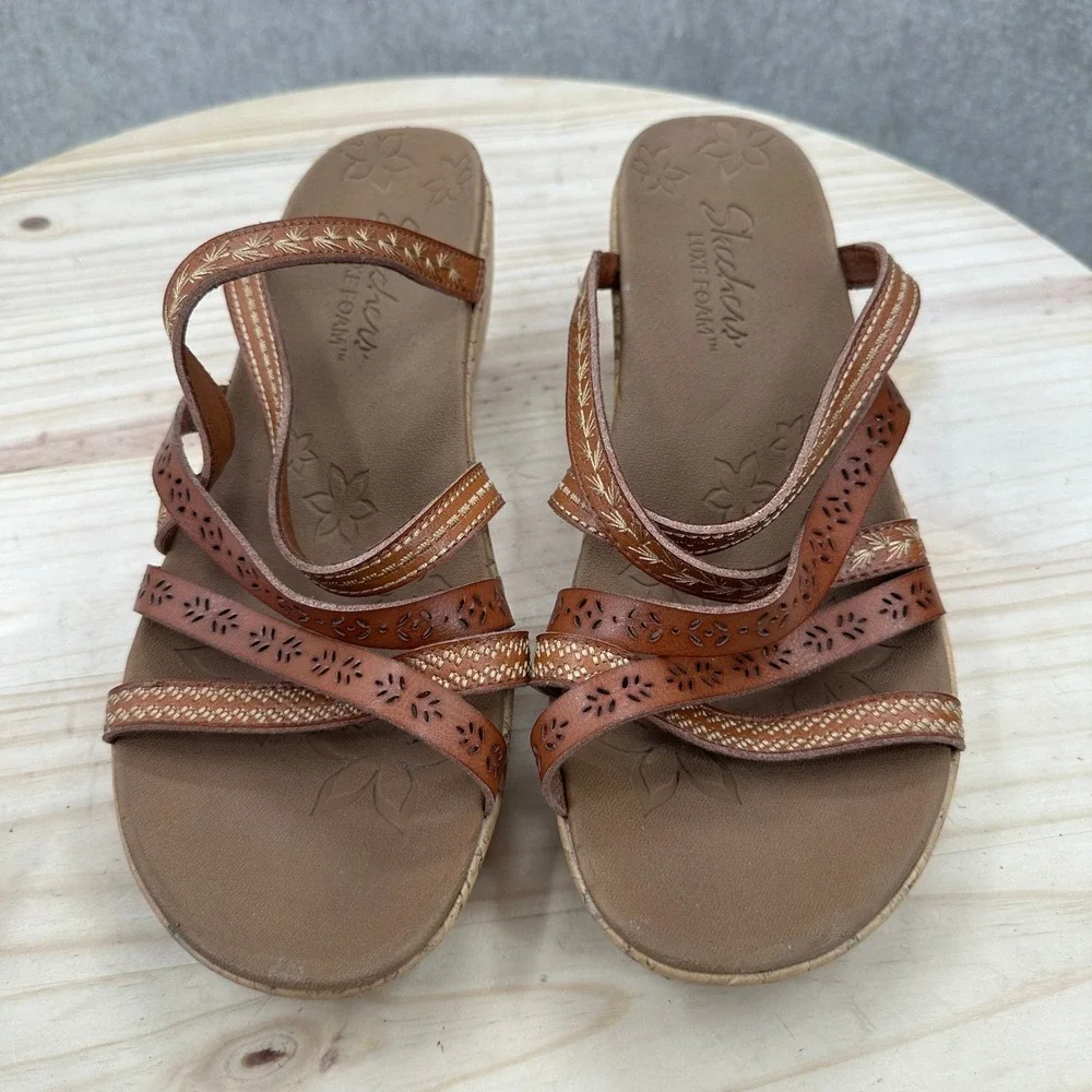 Skechers Rumblers Wedge Sandals Womens 11W Brown Strappy Laser Cut 38522